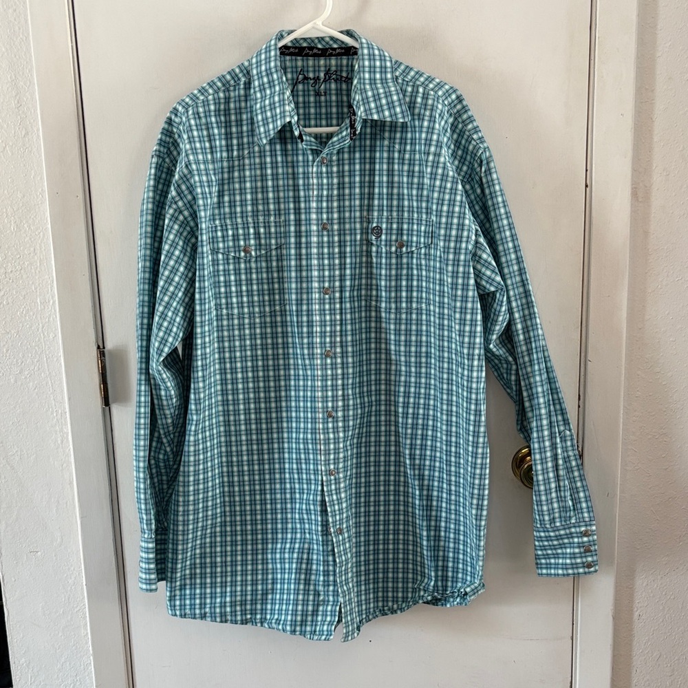 George Strait turquoise grey plaid long sleeve button down western shirt Sz XLT